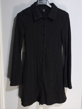 SHEIN Black Ribbed Button-Front Long Sleeve Dress